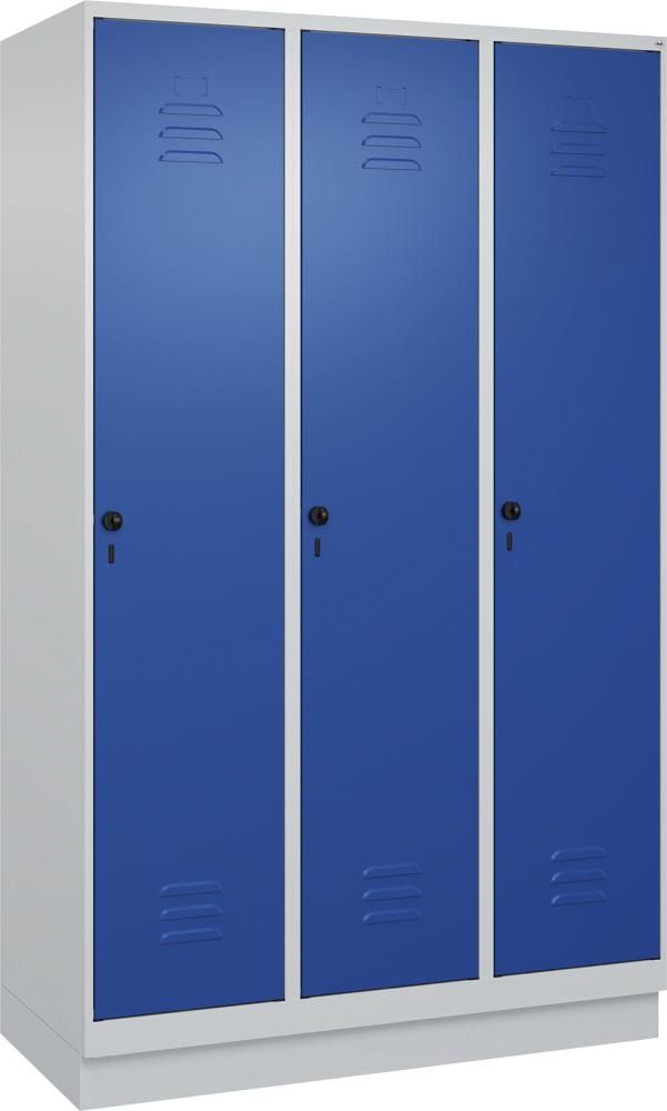 Gard.-Schrank TW CLASSIC B1200xT500xH1950 mm RAL 7035/5010, 3 Abteile mit 100 mm hohem Sockel