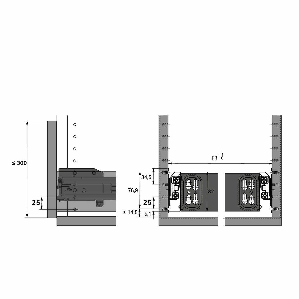 Auszugsführung Quadro Duplex 45, 555 mm, rechts