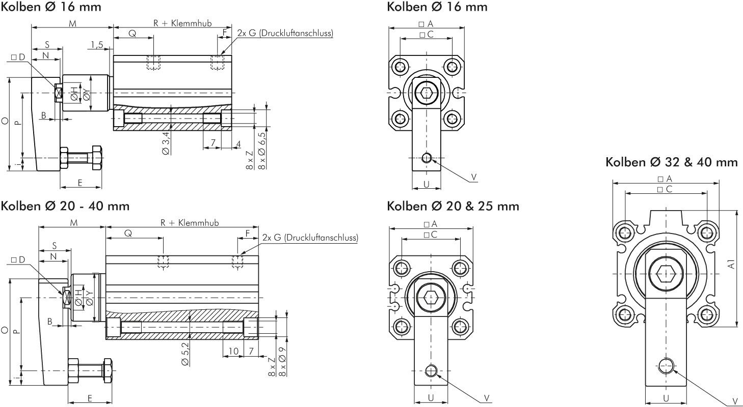 Schwenkspanner / Klemmzylinder Ø 16 mm, Klemmhub 10mm linksschwenkend (schwenkt
