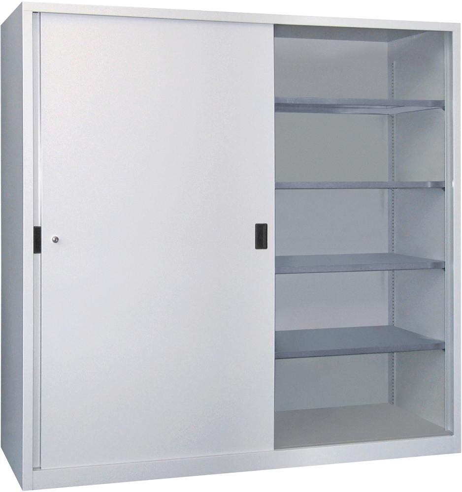 Schiebetürenschrank B2000xT400xH1950 mm 8 Böden verz. Mittelwand RAL 7035