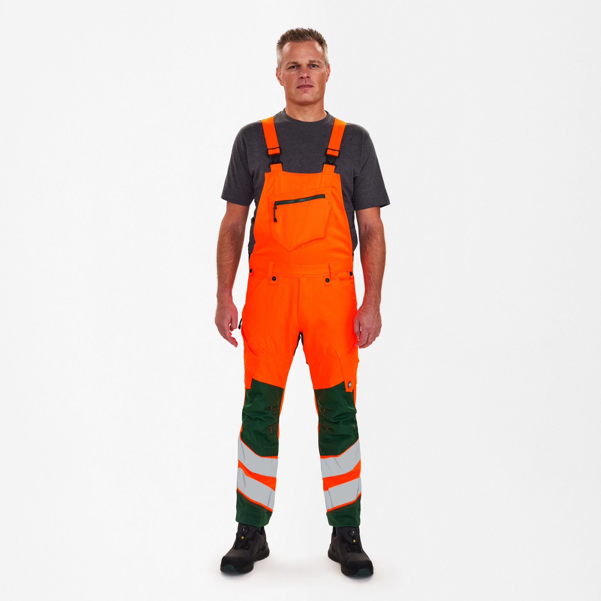 Safety Latzhose mit 2-Wege-Stretch Orange/Grün, Gr. 42