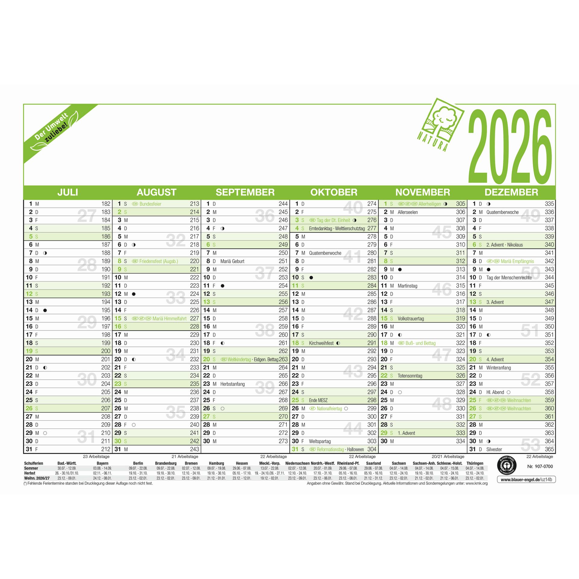 Arbeitstagekalender A4 quer 6M/1S