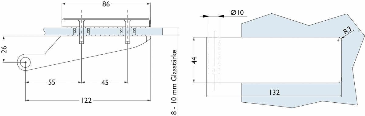 Glastür-Bandpaar 6225 - 2 tlg. (Studiobohrung) ohne Rahmenteile - inkl. Hülsen für Rahmenteile - max. empfohlene Türbreite 865 mm