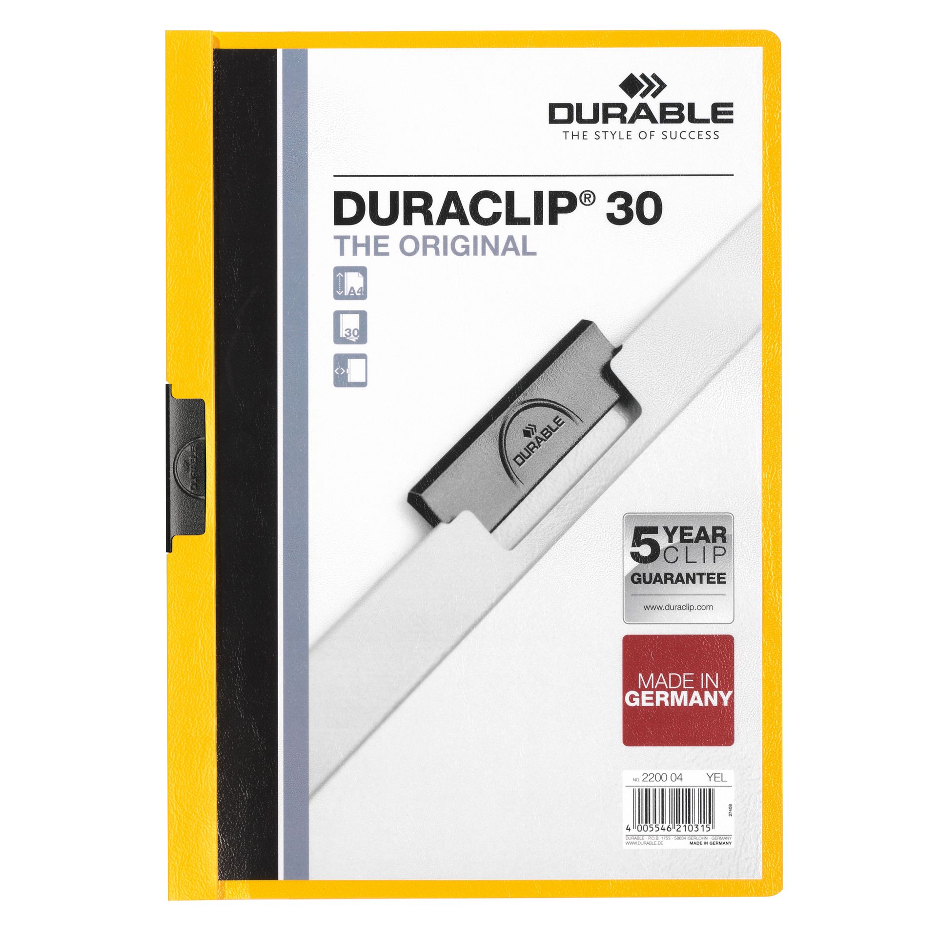 Klemmmappe DURACLIP 30 DIN A4 Hartfolie gelb