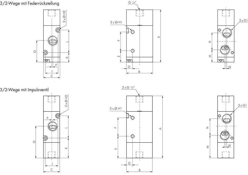 3/2-Wege Pneumatikventil, G 1/4" (Pilot G 1/8"), Federrückstellung (NC)