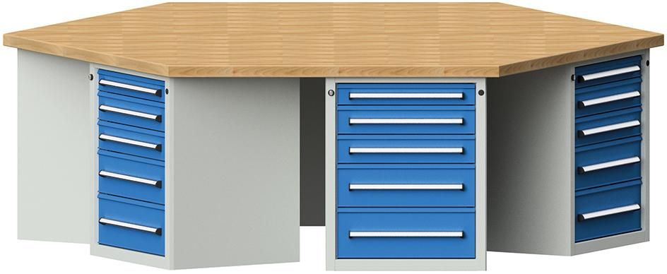 Anke 6-Eck-Werkbank B2340xT2700xH850mm RAL7035/5012 BMP: 50 mm 6 Schränke mit je 5 SL