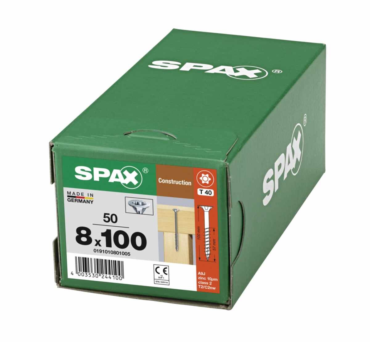 SPAX Holzbauschraube, 8 x 100 mm, 50 Stück, Teilgewinde, Senkkopf, T-STAR plus T40, 4CUT, WIROX - 0191010801005