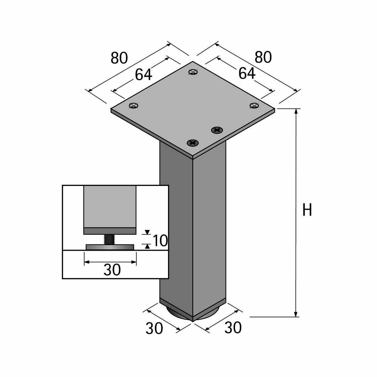 Möbelfuß Lano SQ 30, 100 mm x silber eloxiert