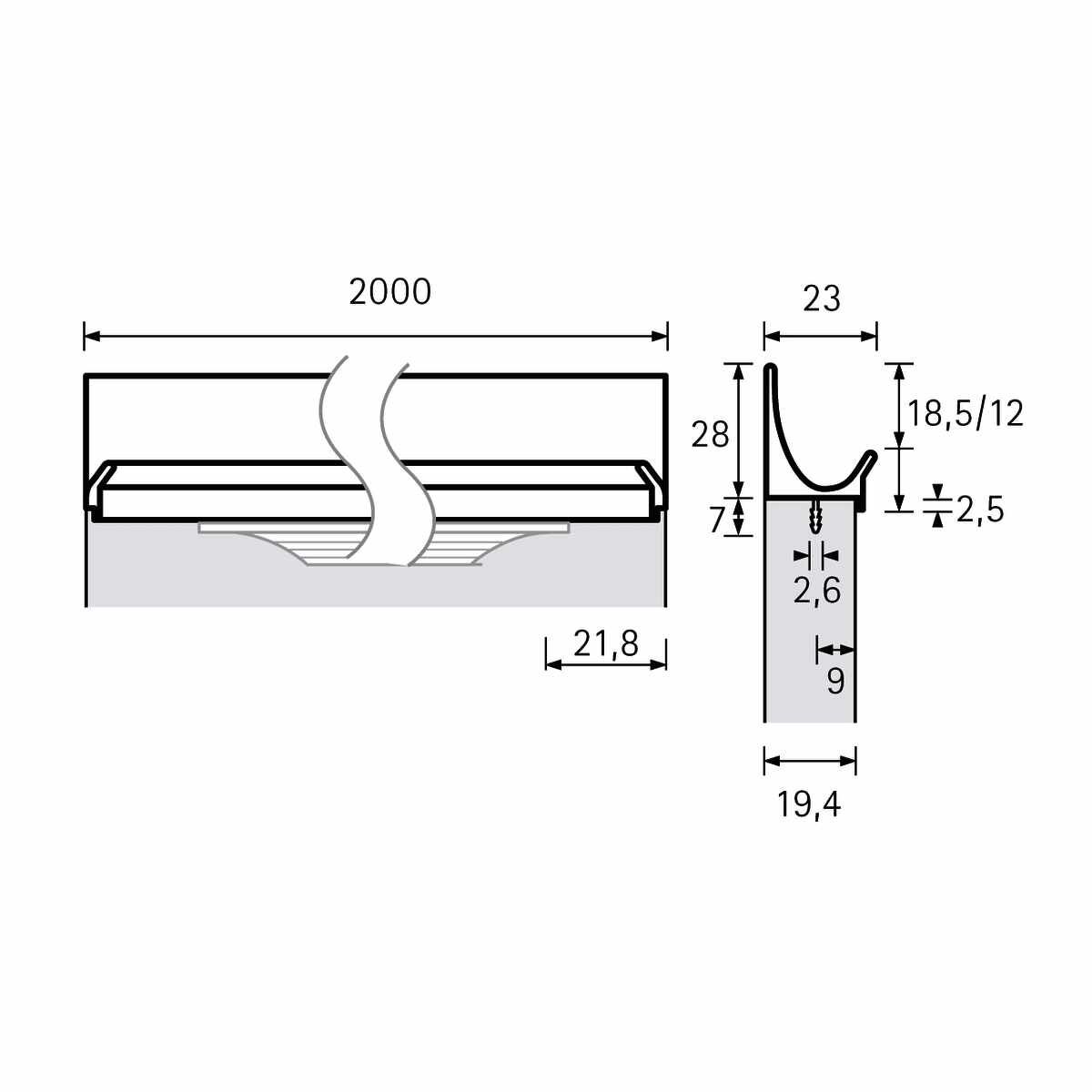 Griffleiste Lutetia, L 2000 mm, B 23 mm, H 28 mm,