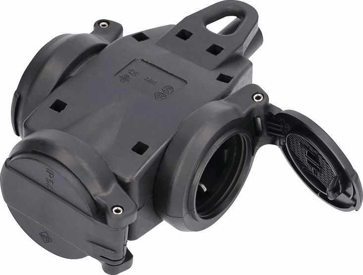 3-fach-VollgummiVerteiler-Steckdose, schwarz, IP44 m. Öse z.Aufhängen, max. 2,5mm², 230V/16A