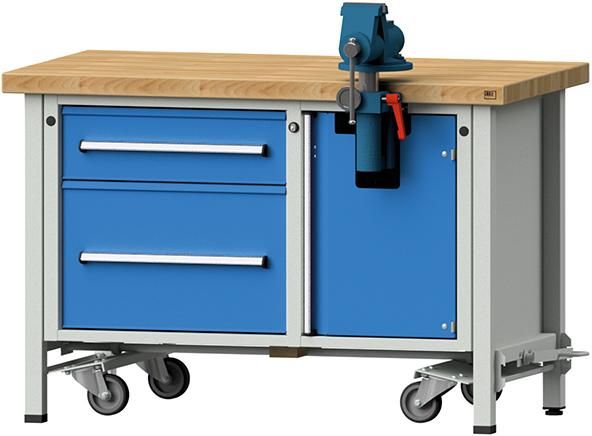 Anke Montagewerkbank B1270xT700xH850mm RAL7035/5012 BMP: 50 mm 2 Schubladen, 1 Tür