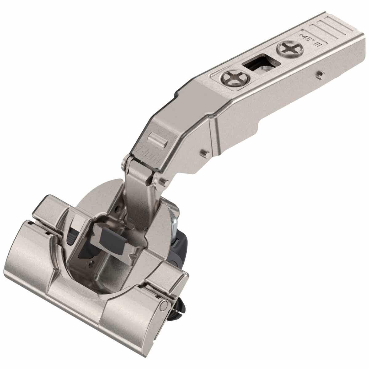 CLIP top BLUMOTION Winkelscharnier 45° III，max. aufschl., Topf: werkzeuglos mit INSERTA, vernickelt