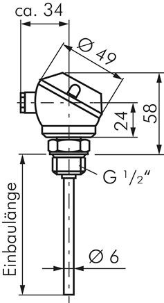 Widerstandsthermometer Pt100 (4-Leiter), G1/2"-6x250mm, ohne Halsrohr