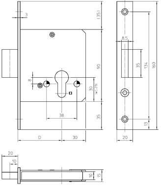 ZT-Einsteckriegelschloss,WC,D55,20kt,DL/DR