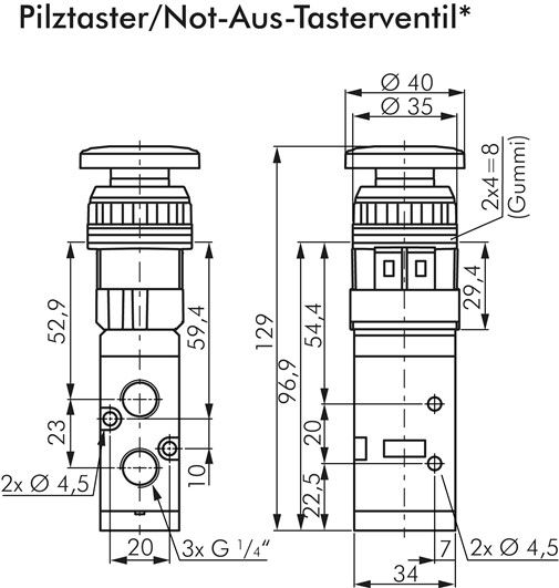 5/2-Wege Ventil G 1/4" (Abluft G 1/8"), Pilztaster rot