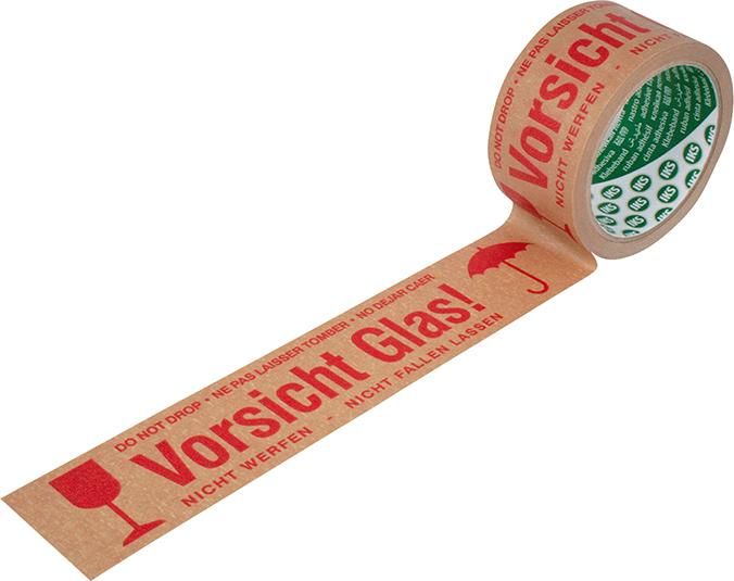 Papier-Warnband "Vorsicht Glas" 50mm x 50m, braun