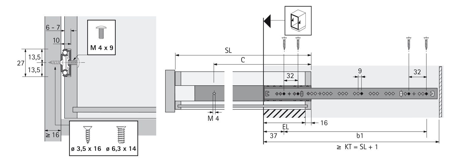 HETTICH Kugelauszug KA 270, 27mm Nut 350mm