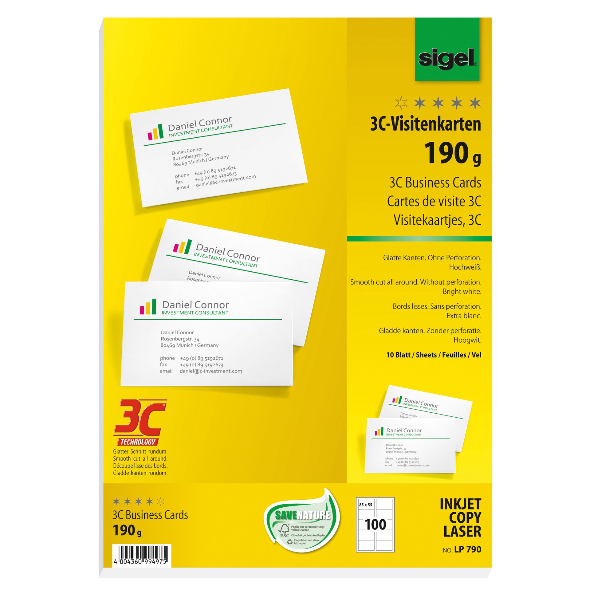 Visitenkarte DIN A4 85x55mm 190g ws 100 St./Pack