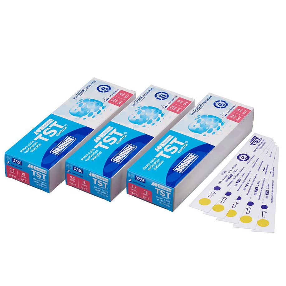 BROWNE TST Control Emulationsindikatorenselbstklebend (100 Stck.)134 ºC bei 3,5 Minuten Haltezeit  / 121 ºC bei 15 Minuten Haltezeit