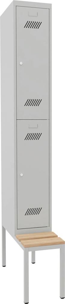 Kleiderschließfachschr. 2 Fächer 1 Abteil 300mm mit Bank RAL 7035 B300xT500xH2150mm