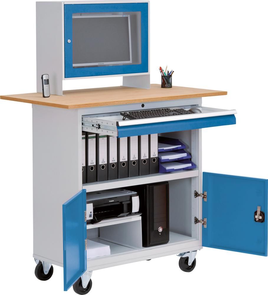 Computerschrank Office 2 mobil, Monitoraufsatz 1 Schublade, Buche MP B1200xT700xH1796mm