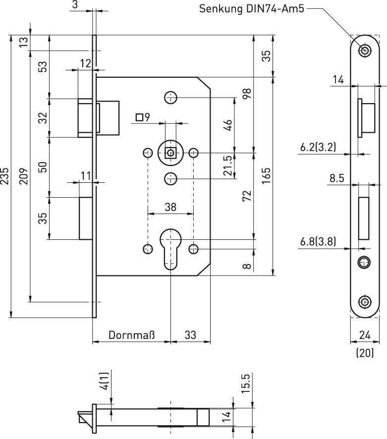 PA-Einsteckschloss , 1028,PZ72/9,D65, F24x235rd, ER,PAF-B,DR ausw.