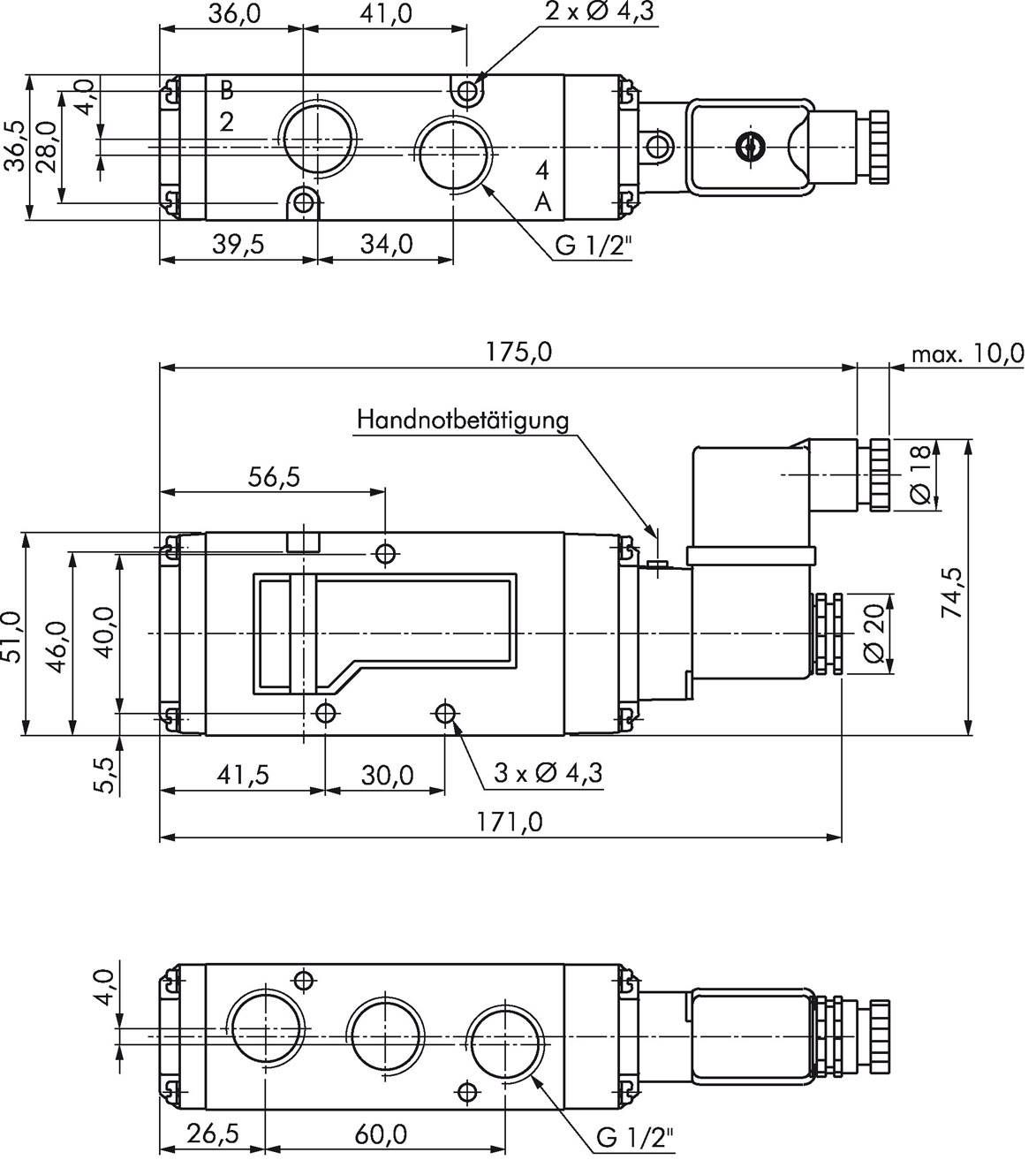 5/2-Wege Magnetventil, G 1/2", Federrückstellung, 24 V=