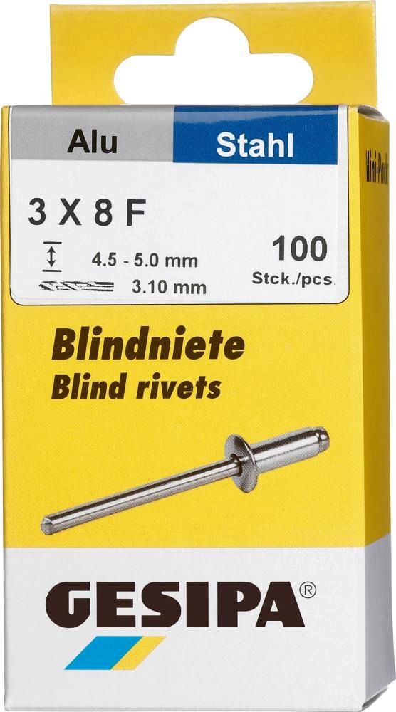 Blindniet Alu/Stahl Flachrundkopf Mini-Pack 3x8 mm a 100Stück GESIPA