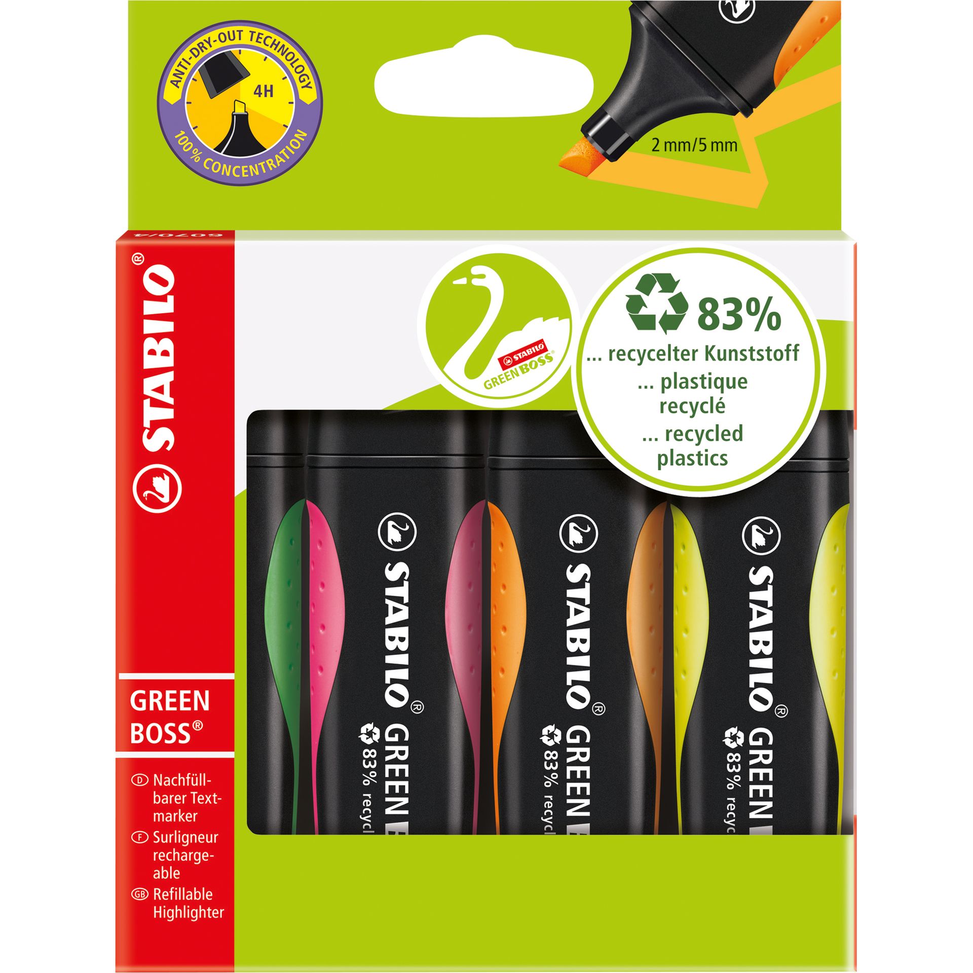Textmarker GREEN BOSS 2-5mm sortiert 4 St./Pack.