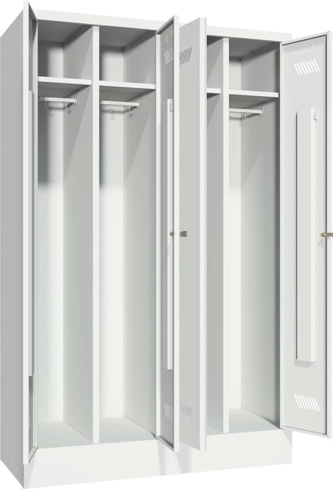 Garderobenschrank 4 Abteile, 300mm auf Sockel RAL 7035 B1170xT500xH1850mm