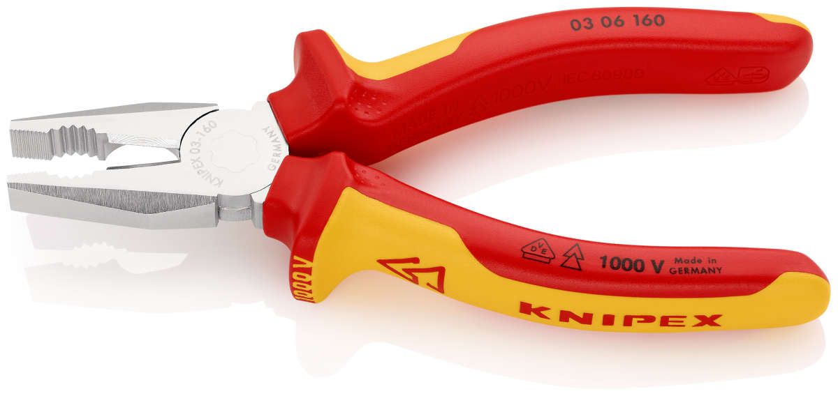 KNIPEX 03 06 160 Kombizange isoliert mit Mehrkomponenten-Hüllen, VDE-geprüft verchromt 160 mm