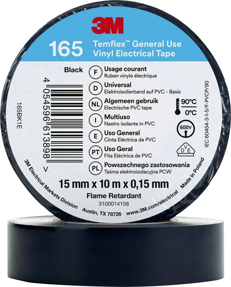 3M Temflex 165 Vinyl-Isolierband Schwarz 15mm x 10 m