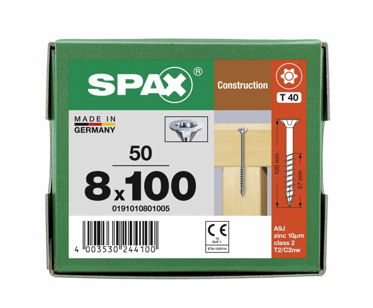 SPAX Holzbauschraube, 8 x 100 mm, 50 Stück, Teilgewinde, Senkkopf, T-STAR plus T40, 4CUT, WIROX - 0191010801005