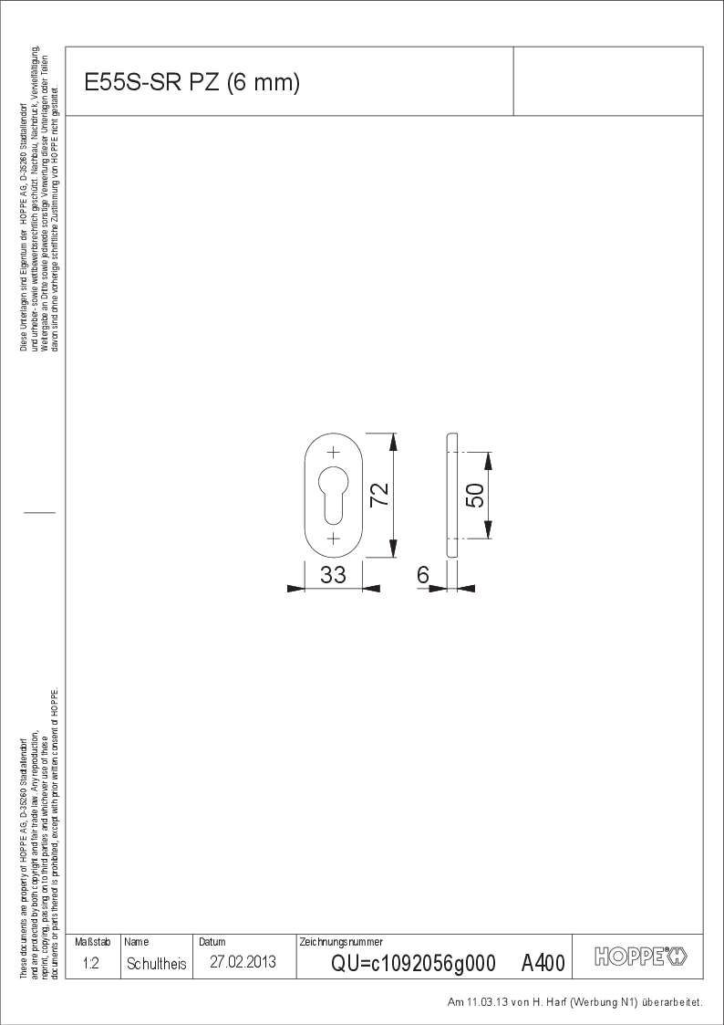 Hoppe/Schieberosette E55S-Sr-6mm Er