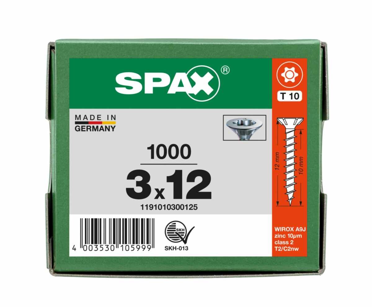 SPAX Universalschraube, 3 x 12 mm, 1000 Stück, Vollgewinde, Senkkopf, T-STAR plus T10, S-Spitze, WIROX - 1191010300125