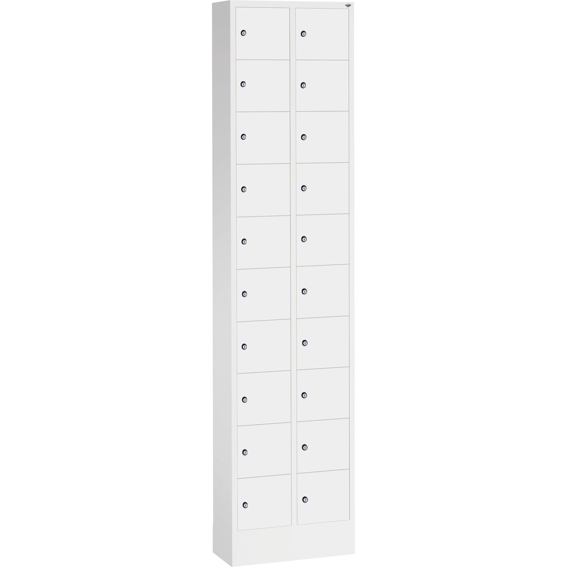 Kleingefachschrank B460xT200xH1950 mm RAL 7035, mit Sockel 2x10 Fächer