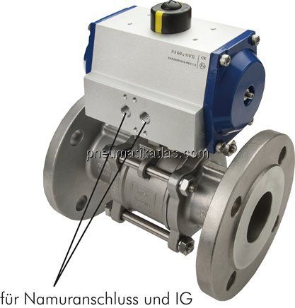 Pneum. 3-tlg. Flanschkugelh., DN15-PN16 (DIN), doppeltwirkend