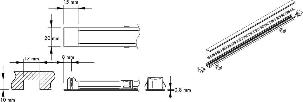 TOPFORM LED Linearprofil Einbauleuchte - L=1000 mm - 20x10 mm - alu-eloxiert - WT - R81