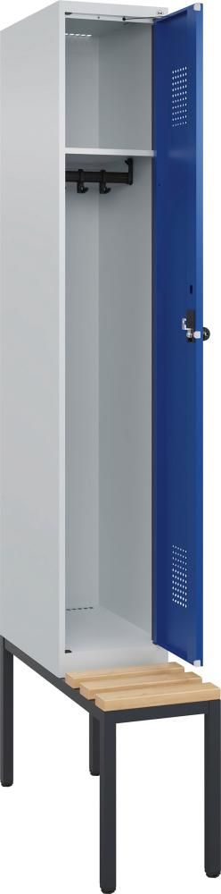 Garderobenschrank EVOLO mit untergeb. Sitzbank RAL 7035/5010, 1 Abteil B300xT500xH2120mm