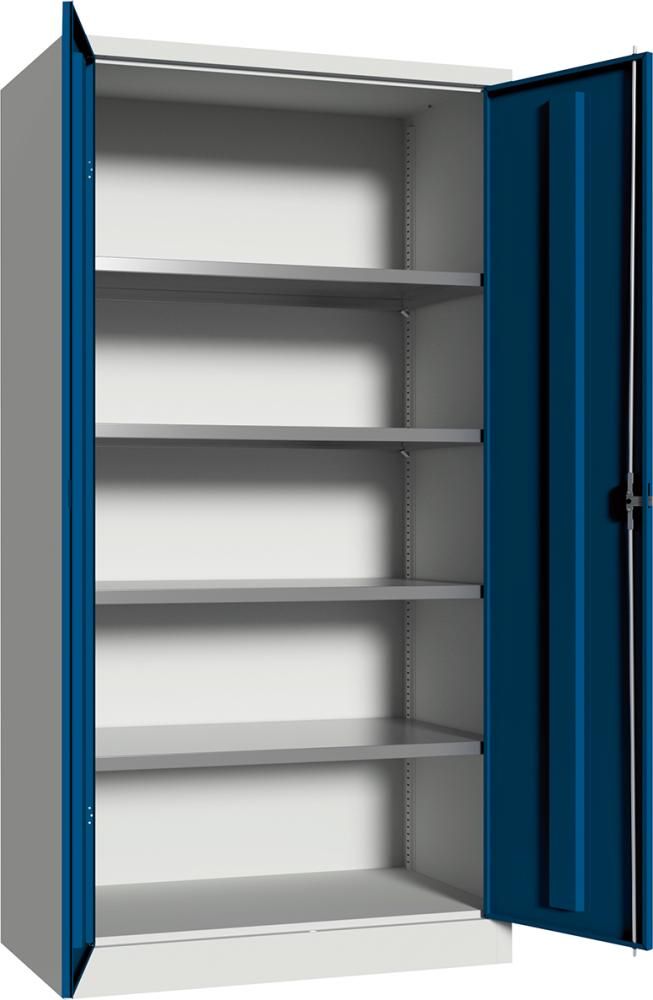 PAVOY Flügeltürenschrank mit Vollblechtüren 4 Ein-legeb. verz. RAL7035/RAL-5010 B1000xT600xH1950mm