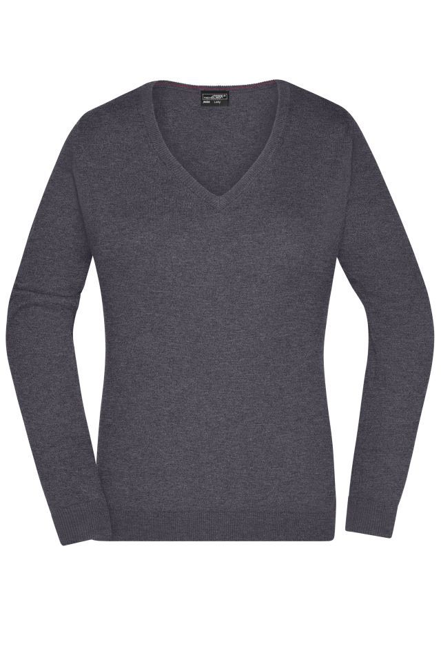 Ladies' V-Neck Pullover Klassischer Baumwoll-Pullover grau/schwarz, Gr. XS
