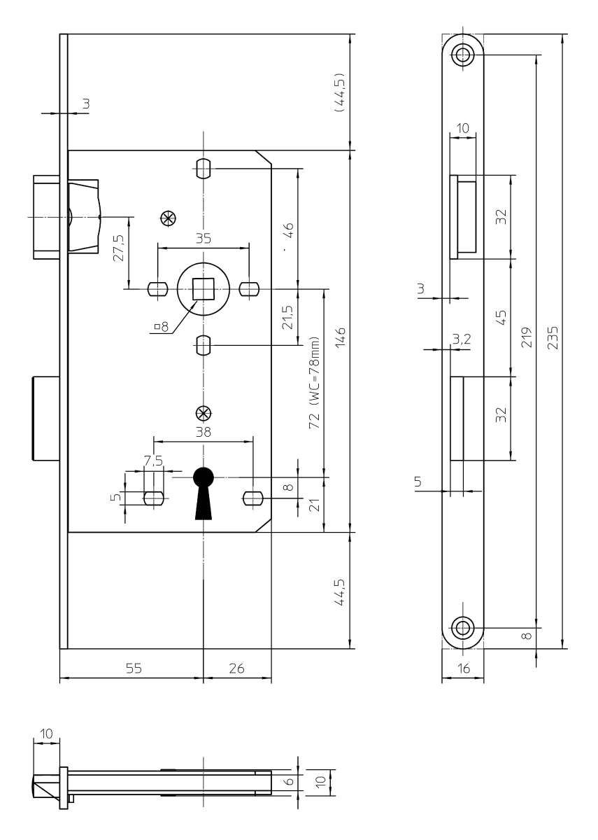 KFV Zimmertürschloss 106-1/2 F16 55/72/8 altsilber lack. GE1356 links 3333640