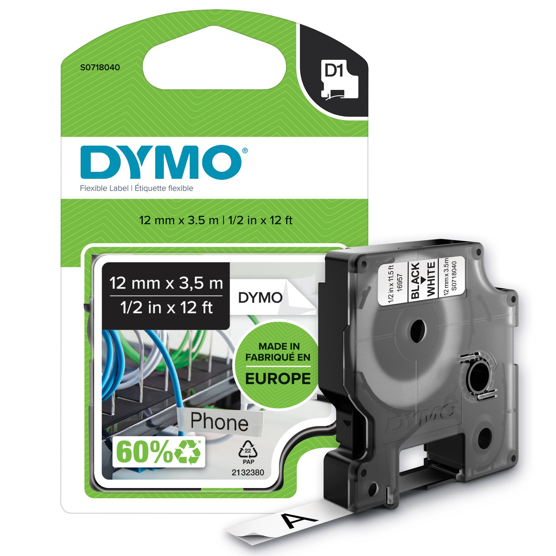 Schriftbandkassette D1 12mmx3,5m sw/ws