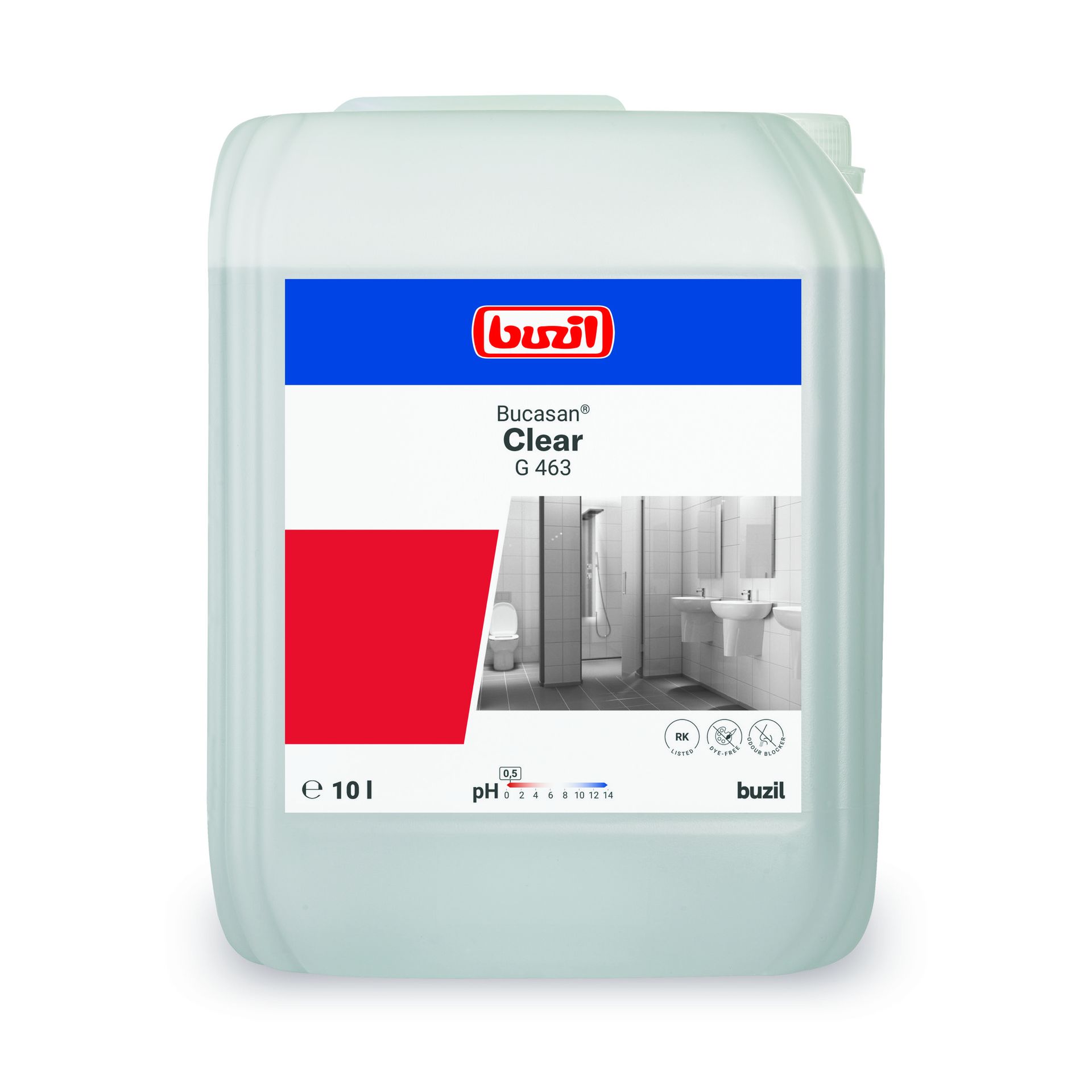 Bucasan® Clear,Farbloser Sanitärunterhaltsreiniger mit Geruchsblocker und besonders effektiver Säurekombination