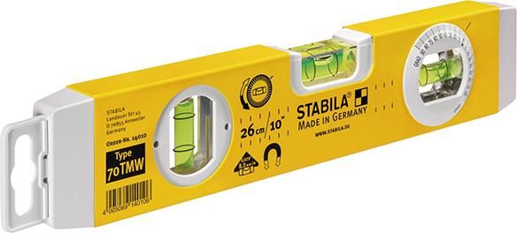 STABILA Torpedo-Wasserwaage Type 70 TMW, 26 cm, leichtes Alu-Profil, Magnetstreifen