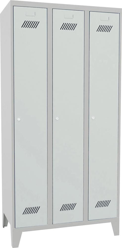 Kleiderschrank m. Füßen 3 Abteile, 300mm Zy.Schloss RAL 7035 B900xT500xH1850mm