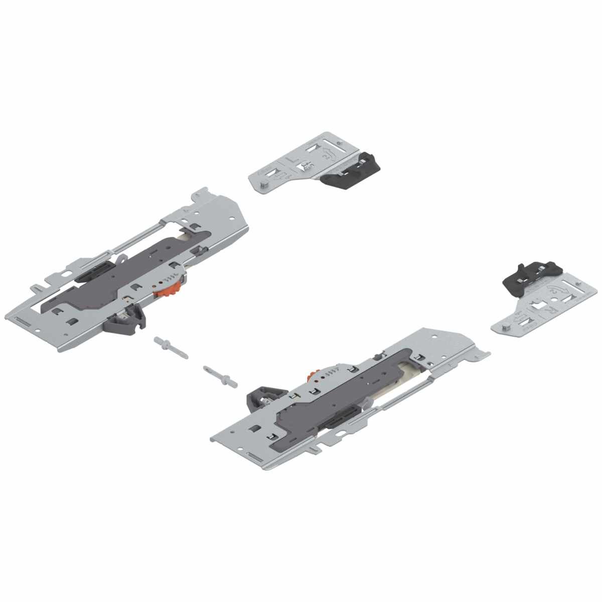 Set (TIP-ON BLUMOTION Einheit + Mitnehmer + Adapter), für TANDEMBOX, Typ S1, NL=270-300 mm, Gesamtgewicht des Auszugs=10-20 kg, links/rechts, R7035 lichtgrau