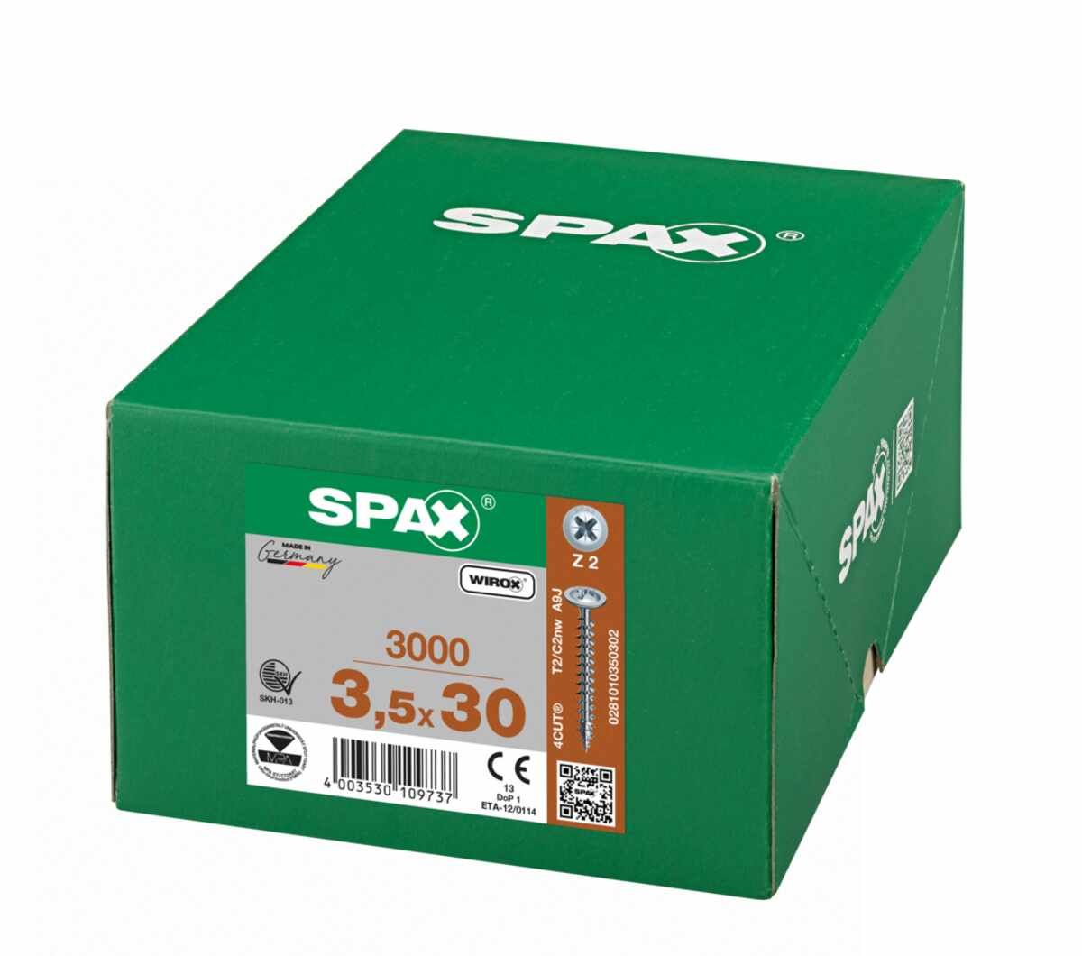 SPAX Universalschraube, 3,5 x 30 mm, 3000 Stück, Vollgewinde, Rückwandkopf, Kreuzschlitz Z2, 4CUT, WIROX - 0281010350302