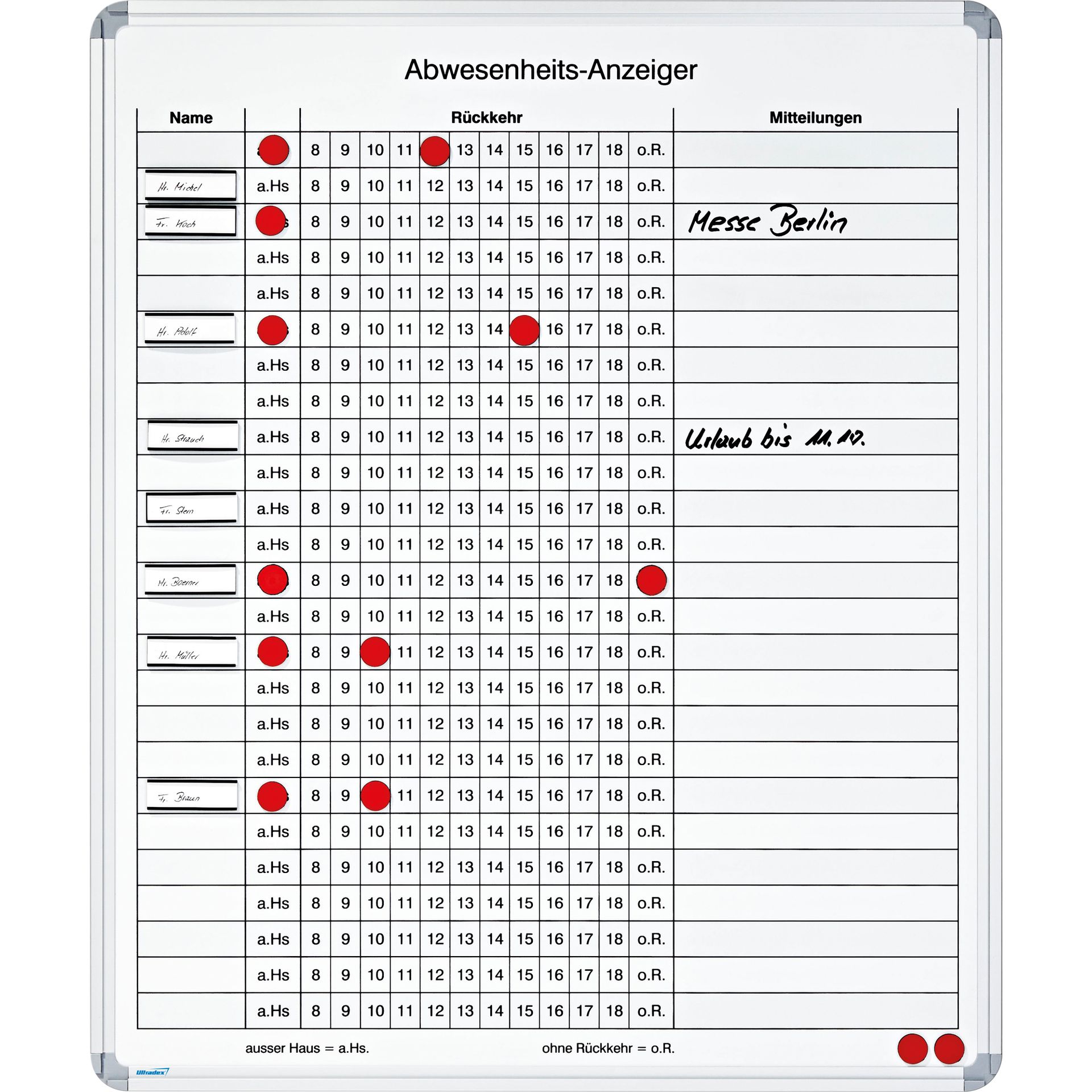 Abwesenheitstafel 610x730mm, maximal 25 Personen