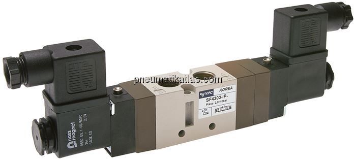 5/3-Wege Magnetventil, G 1/4" (Abluft G 1/8"), Mittelstellung geschlossen, 24 V=